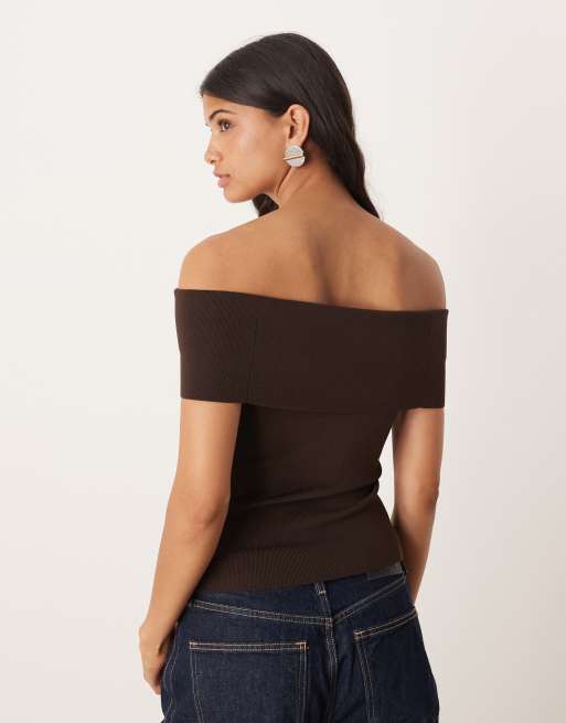 Mango compact knit off shoulder top co-ord in brown