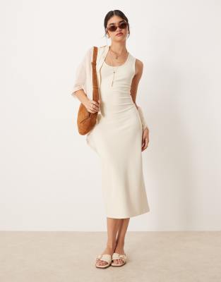 Mango Mango compact knit scoop neck midi dress in buttermilk-Yellow