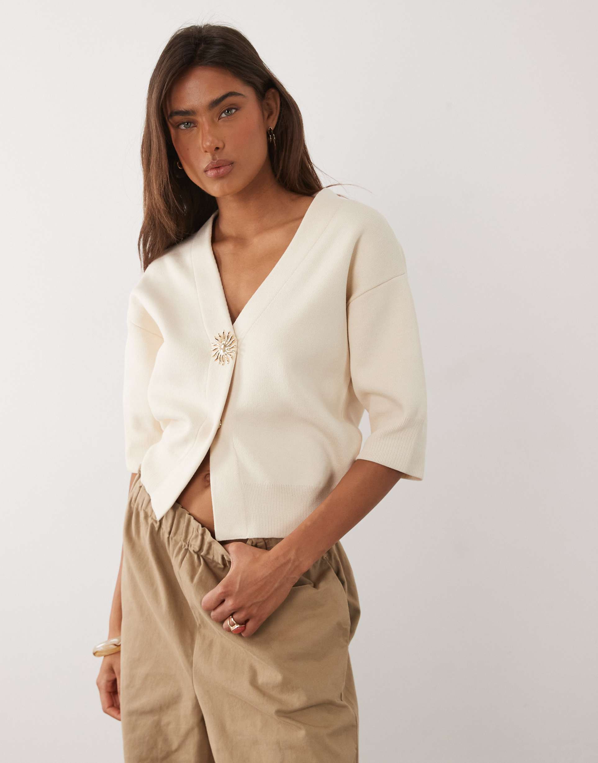 mango compact knit short sleeve cardigan with statement sunshine button in cream