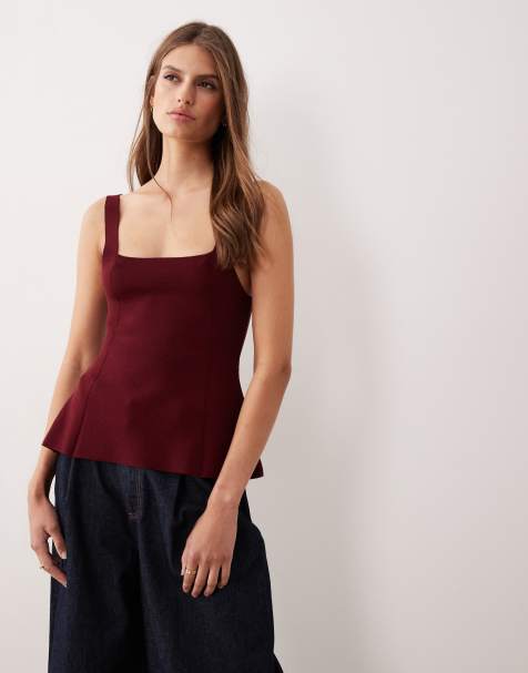 Mango compact knit square neck peplum top in dark red - view 1