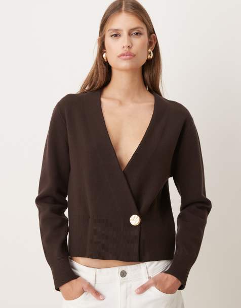 Mango compact knit wrap waist cardigan with gold button in brown - view 1