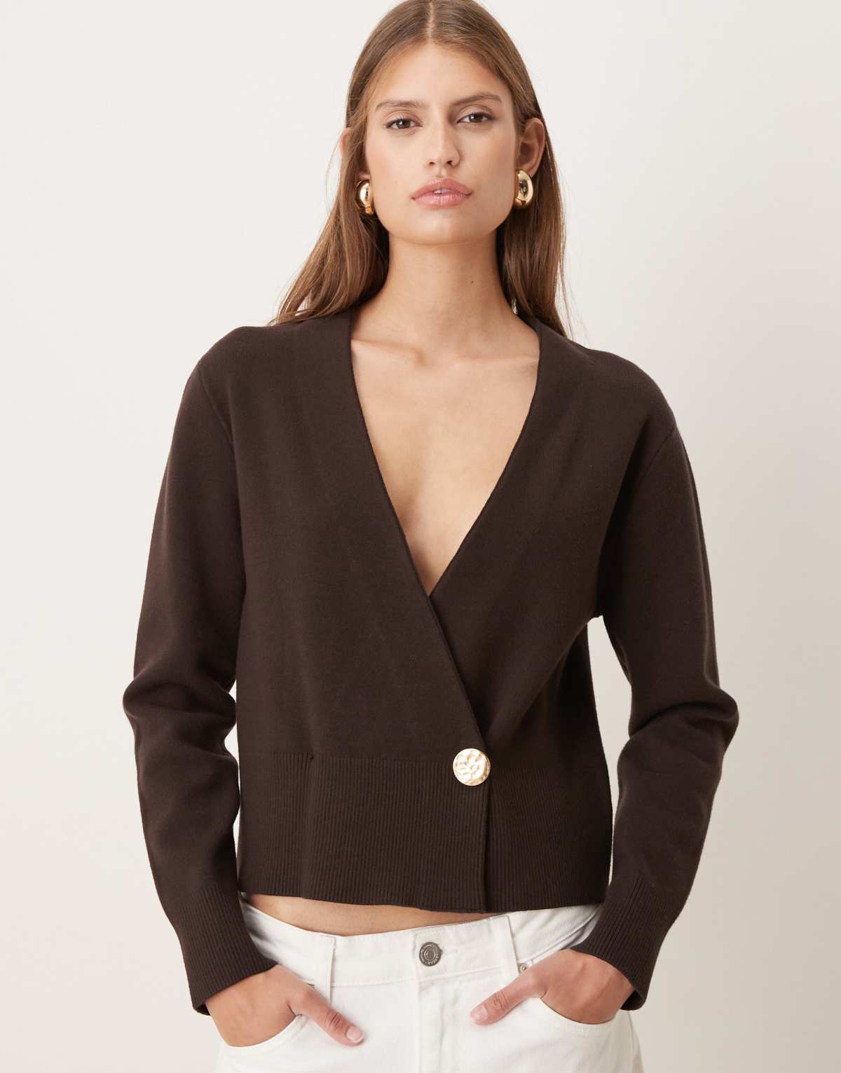 Mango compact knit wrap waist cardigan with gold button in brown