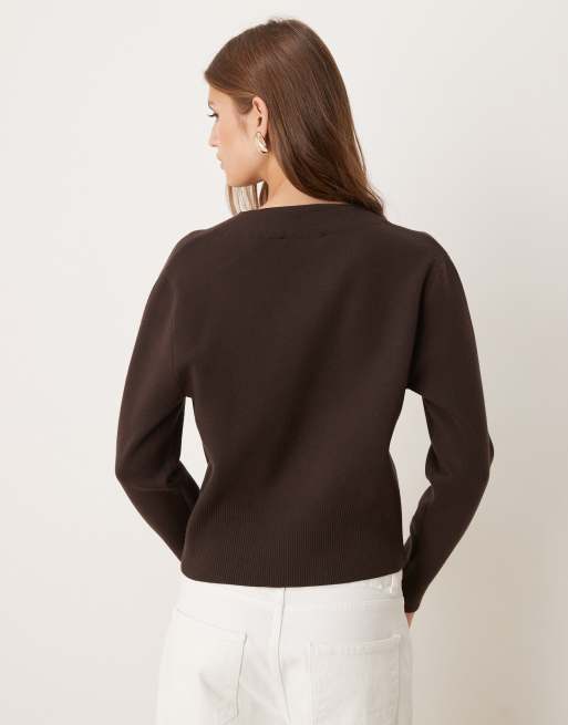 Mango compact knit wrap waist cardigan with gold button in brown, 4 of 4