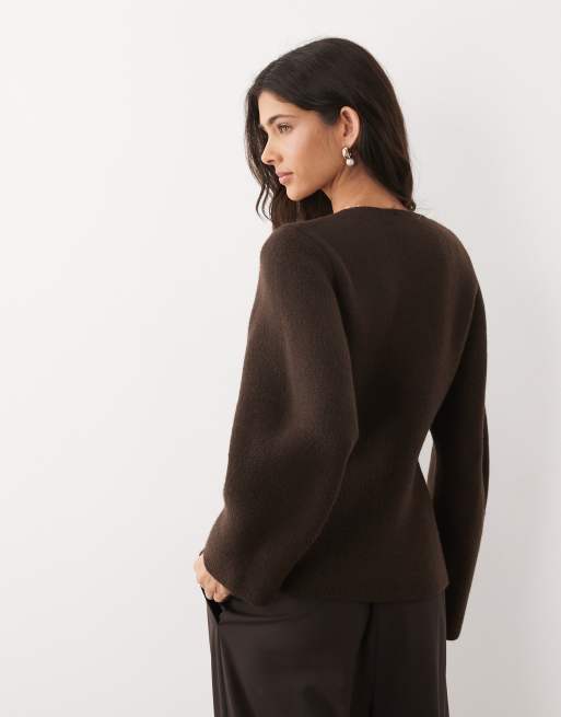 Mango compact knitted jacket with gold buttons in chocolate, 3 of 4