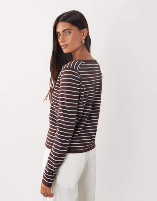Mango compacte gebreide top met boothals en lange mouwen in bruin, 4 van 4