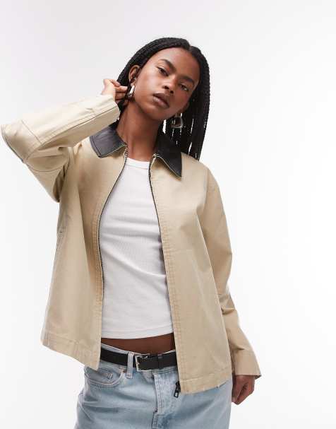 Mango contrast collar barn jacket in beige - view 1