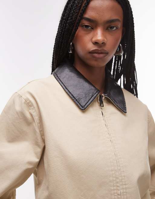 Mango contrast collar barn jacket in beige, 3 of 4
