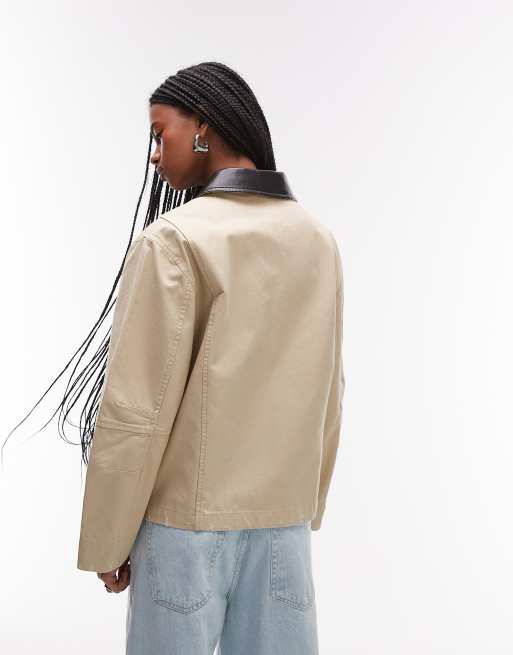 Mango contrast collar barn jacket in beige, 4 of 4
