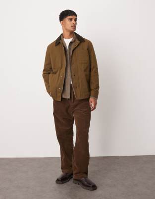 contrast collar button down wax jacket in khaki-Green