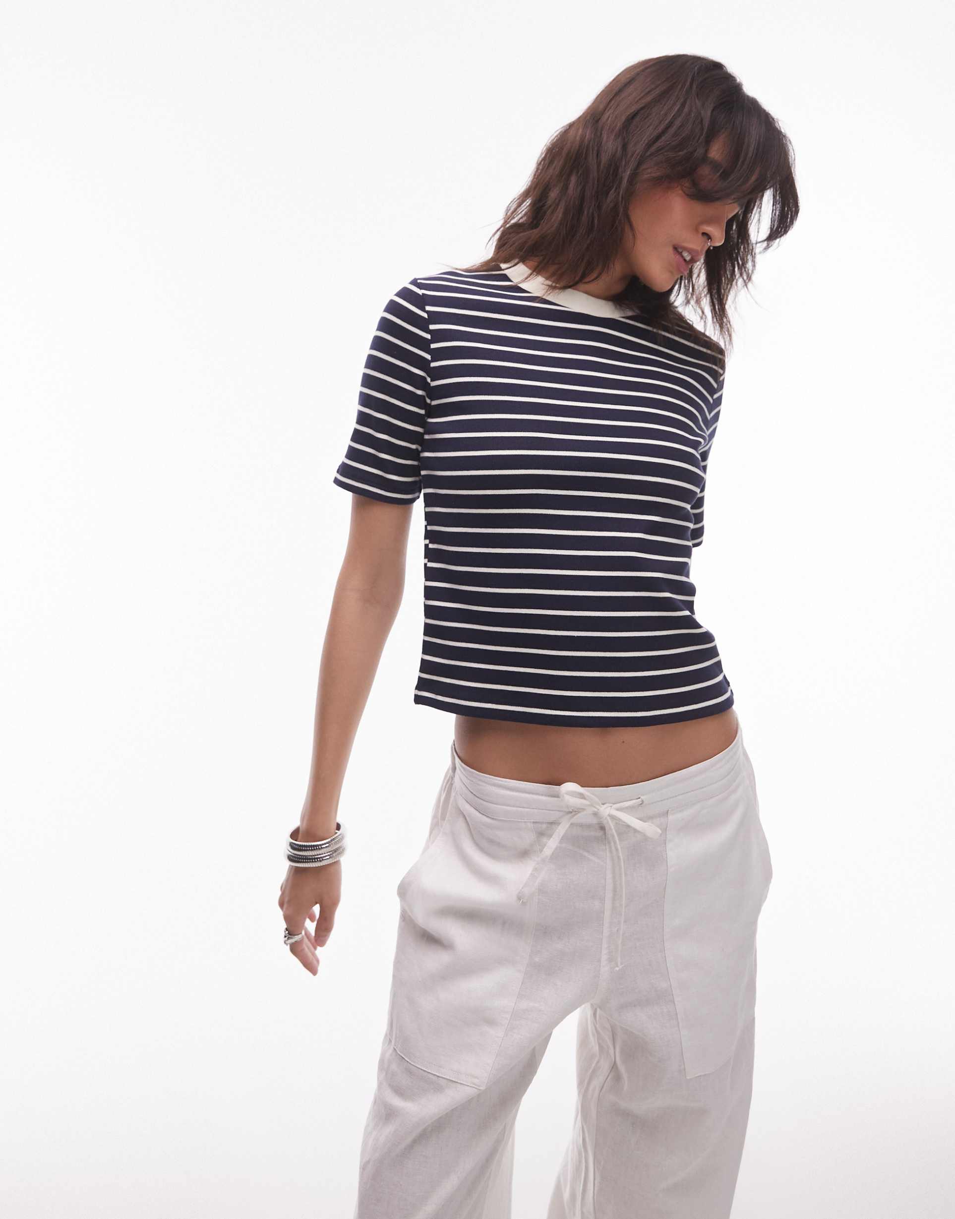 mango contrast neck striped t-shirt in navy