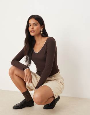 Mango Contrast Tipping Long Sleeve Fine Knit Top In Brown