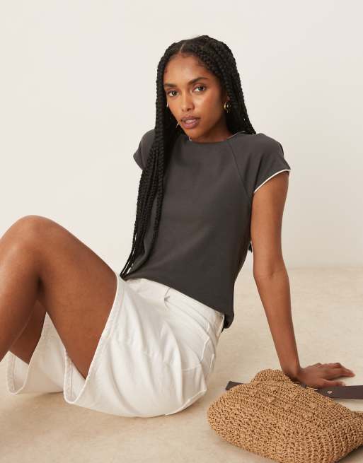Mango contrast trim cap sleeve t-shirt in charcoal
