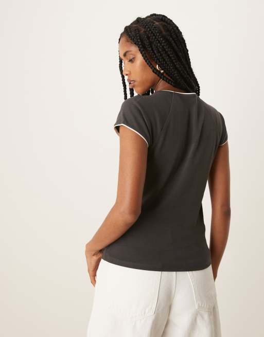 Mango contrast trim cap sleeve t-shirt in charcoal
