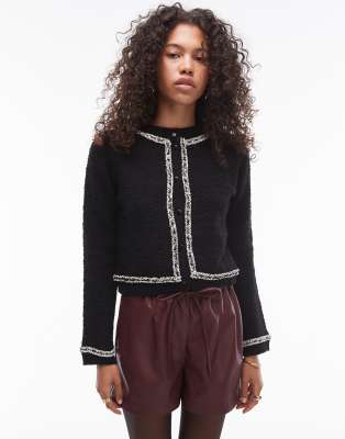 Mango contrast trim knitted cardigan in black