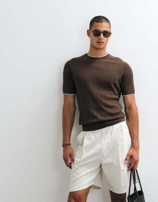 Mango Contrast Trim T-shirt In Brown