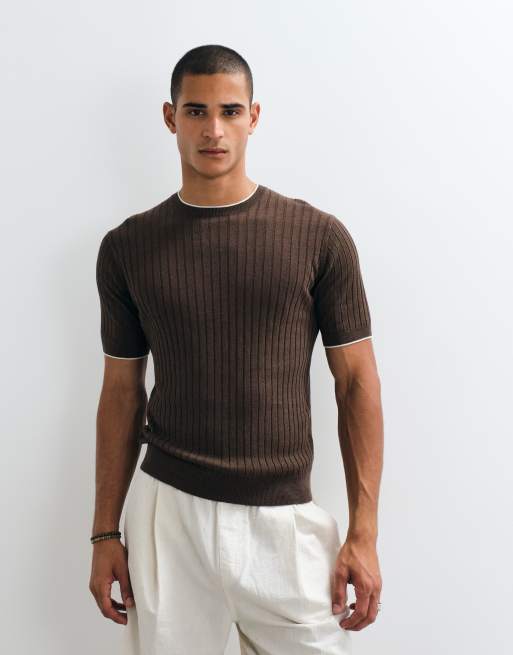 Mango contrast trim t-shirt in brown, 4 of 5