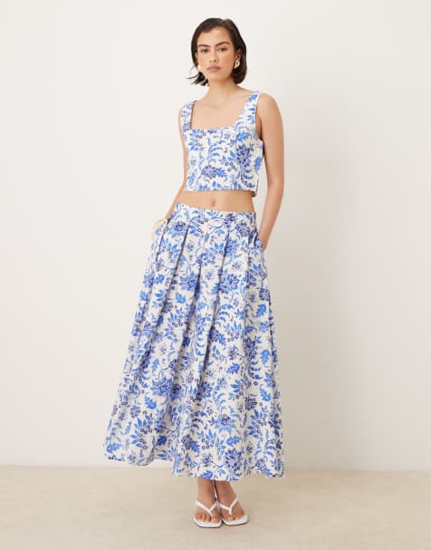 Mango - Coordinato blu a fiori con top con scollo squadrato e gonna - view 1