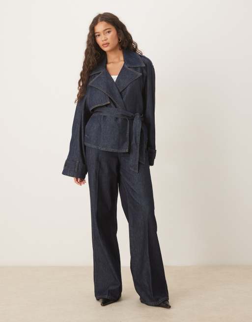 Mango - Coordinato con pantaloni e giacca in denim di cotone corta allacciata in vita blu scuro