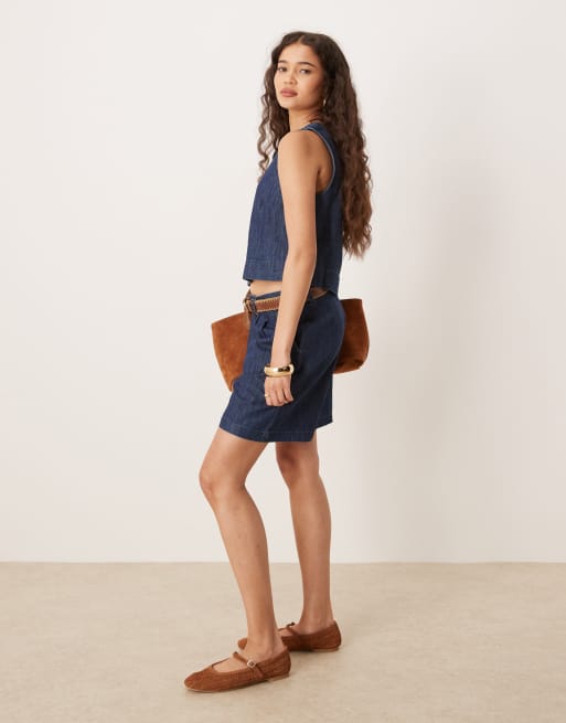 Mango - Coordinato in morbido denim con crop top e pantaloncini taglio lungo color indaco