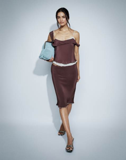 Mango - Coordinato marrone e blu con gonna e top a doppio strato - view 1