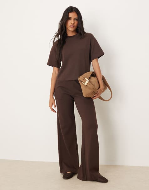 Mango - Coordinato marrone in misto cotone con t-shirt squadrata e pantaloni dritti - view 1