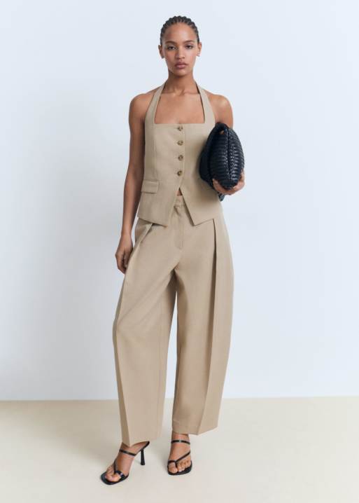 Mango - Coordinato sartoriale color pietra con pantaloni e gilet allacciato al collo