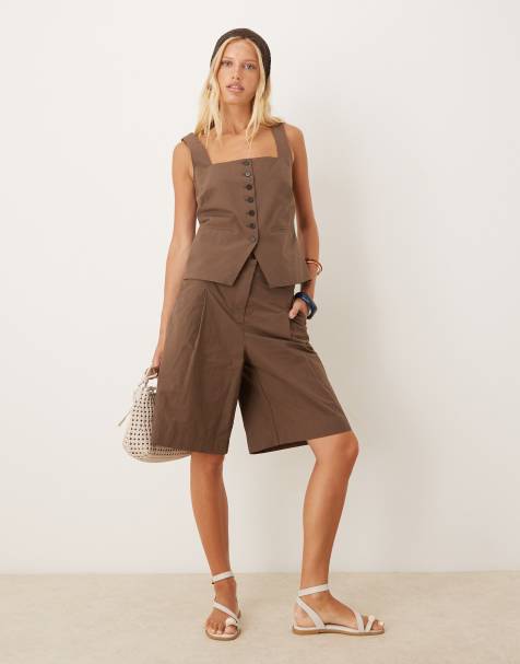Mango - Coordinato sartoriale in cotone marrone con gilet e pantaloncini - view 1