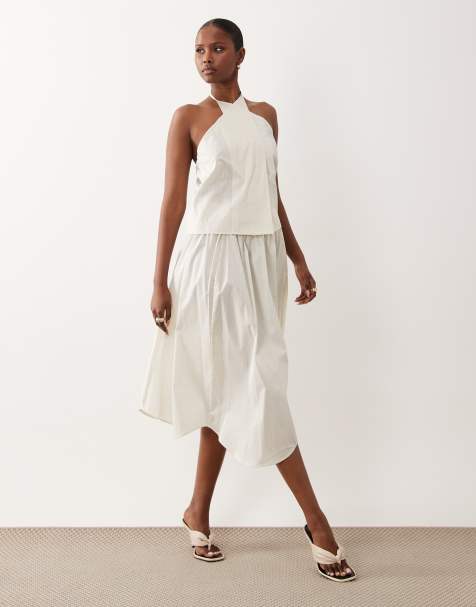 Mango – Corfu – Beige, kritstrecksrandig maxikjol med asymmetrisk fåll i bomullsmix, del av set - view 1