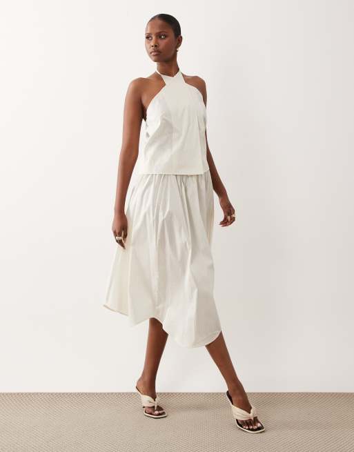 Mango - Corfu - Beige sæt med top med halterneck og shorts med nålestriber i bomuldsblanding, 2 af 3