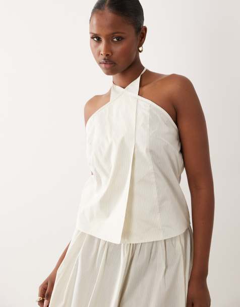 Mango Corfu cotton mix halterneck top in beige pinstripe - part of a set - view 1