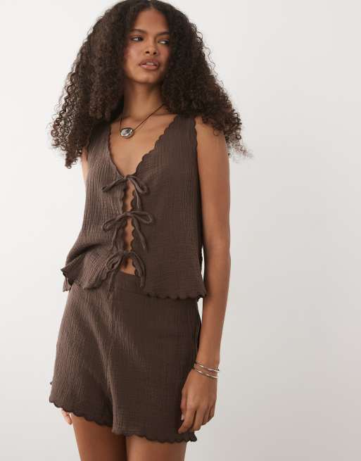 Mango Corfu seersucker short co-ord in brown, 2 of 5