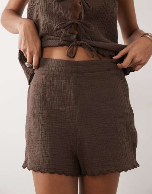Mango Corfu seersucker short co-ord in brown, 3 of 5