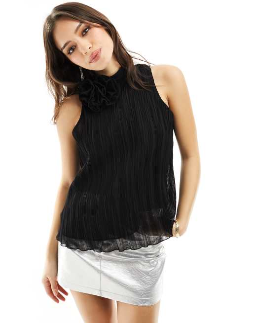 Mango corsage neck top in black