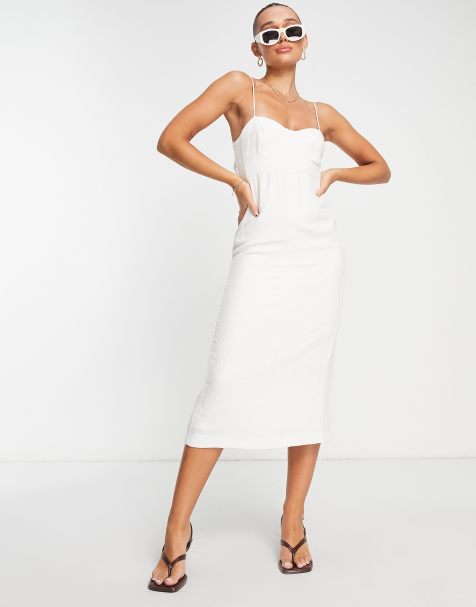 Mango corset detail linen midi dress in cream - view 1
