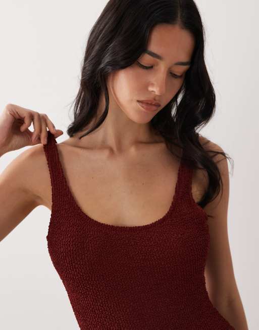 Mango - Costume da bagno in tessuto stropicciato con scollo rotondo arancione bruciato, 2 di 4