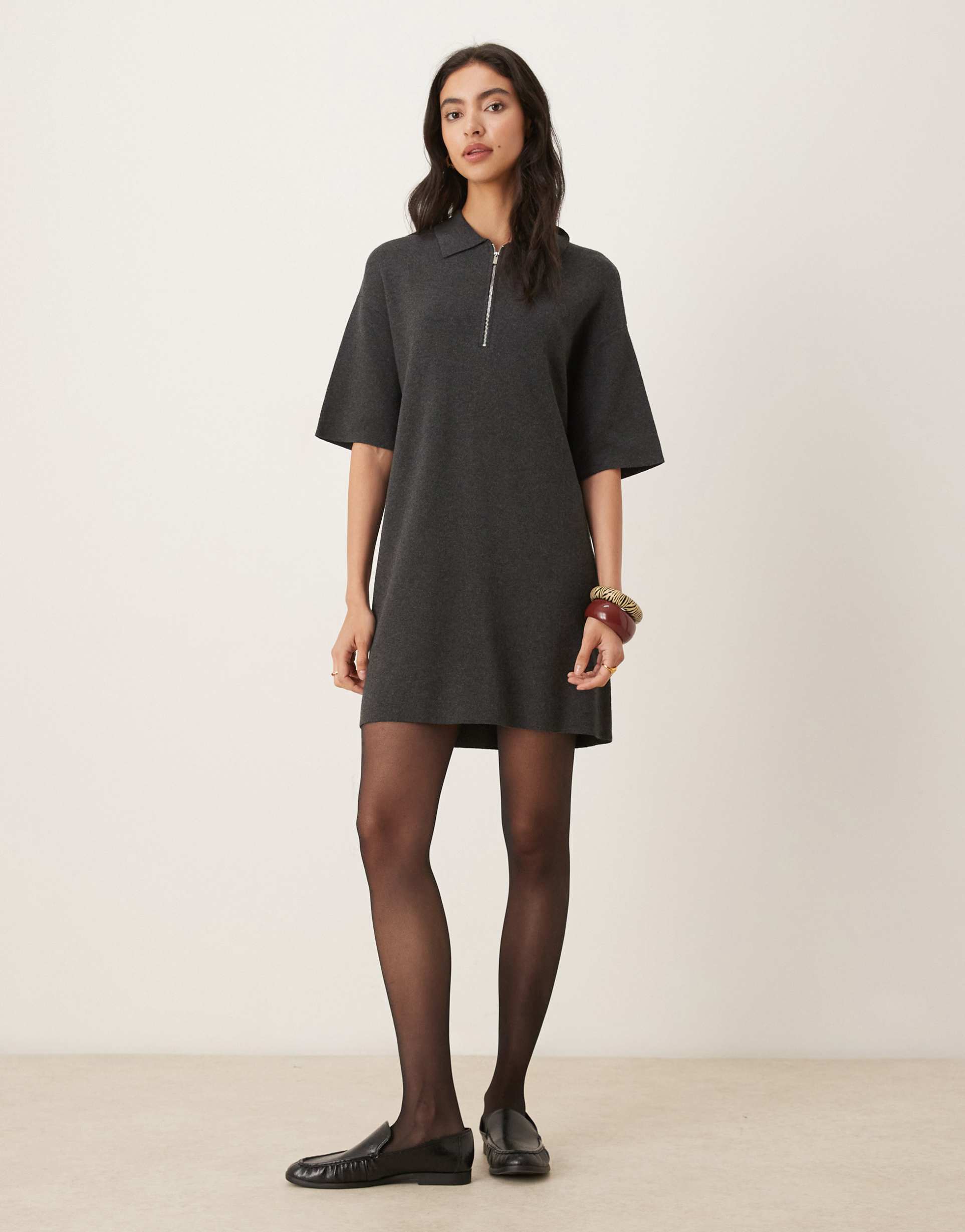 mango cotton and wool mix knit polo mini dress in charcoal