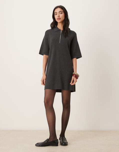 Mango cotton and wool mix knitted polo mini dress in charcoal - view 1