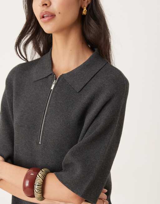 Mango cotton and wool mix knitted polo mini dress in charcoal, 3 of 4