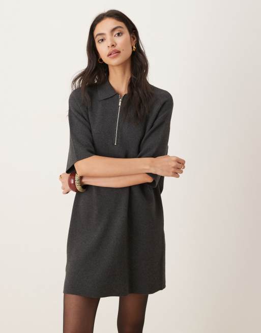 Mango cotton and wool mix knitted polo mini dress in charcoal, 4 of 4