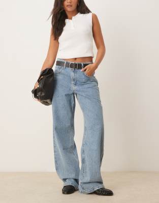 Mango Cotton Baggy Textured Low Rise Jeans In Blue