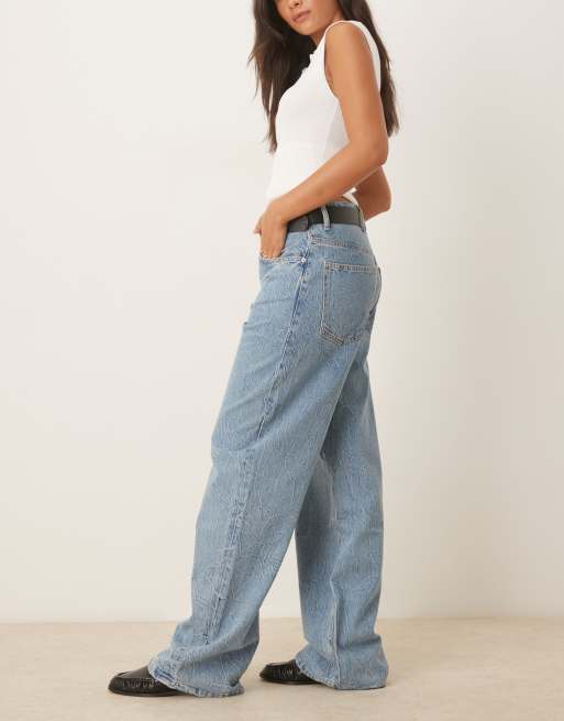 Mango cotton baggy textured low rise jeans in light blue