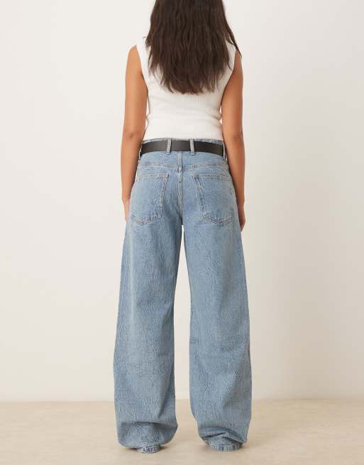 Mango cotton baggy textured low rise jeans in light blue