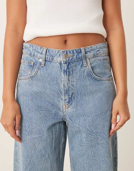 Mango cotton baggy textured low rise jeans in light blue