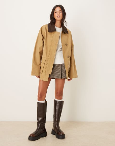 Mango cotton barn jacket with corduroy collar in tan - view 1
