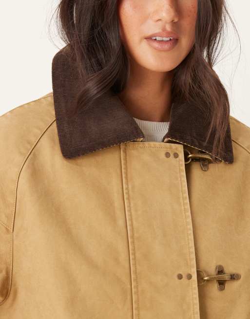 Mango cotton barn jacket with corduroy collar in tan