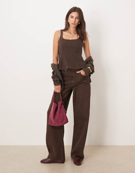 Mango cotton barrel leg jeans in brown - part of a set - view 1