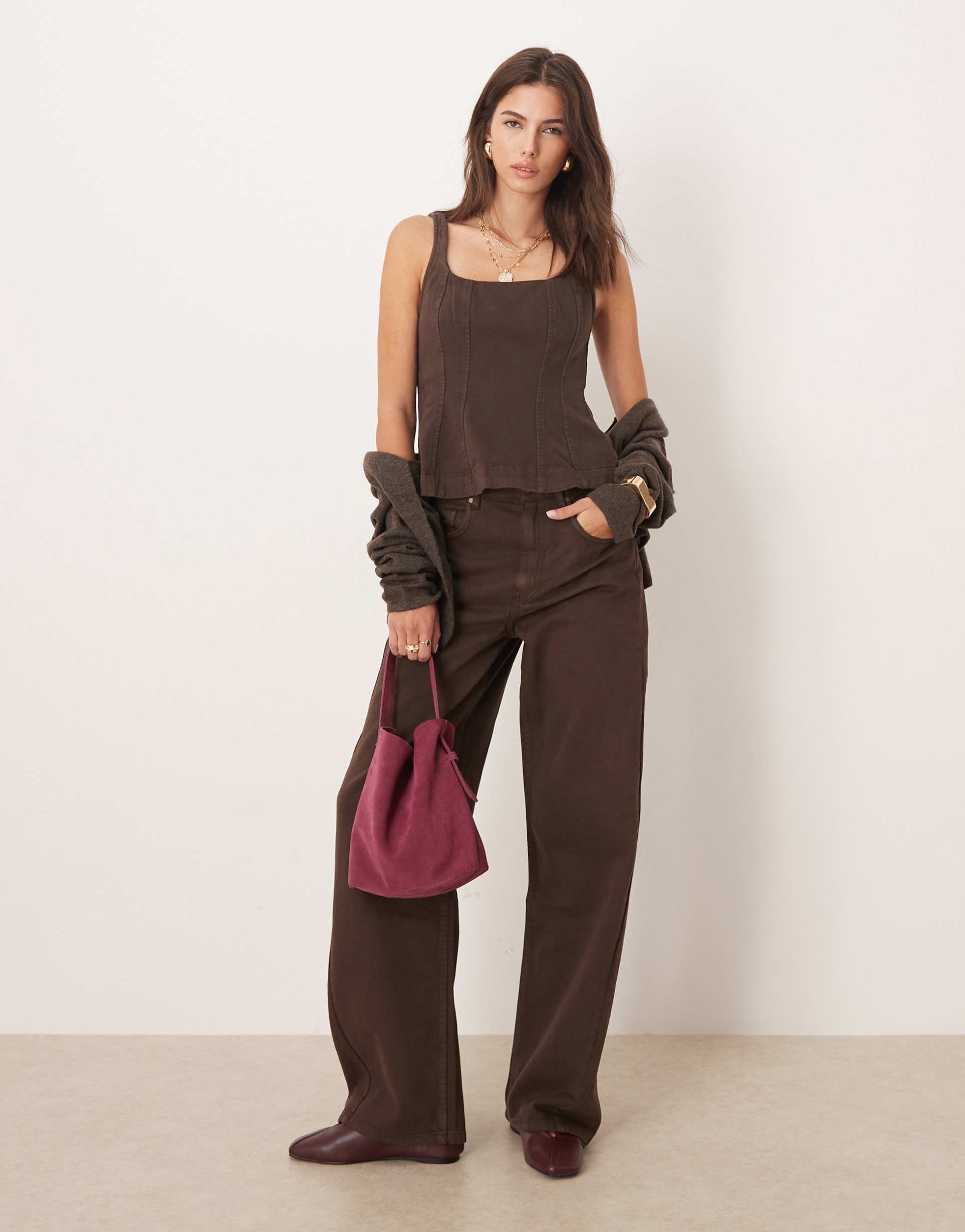 mango cotton barrel leg jeans in brown - part of a set