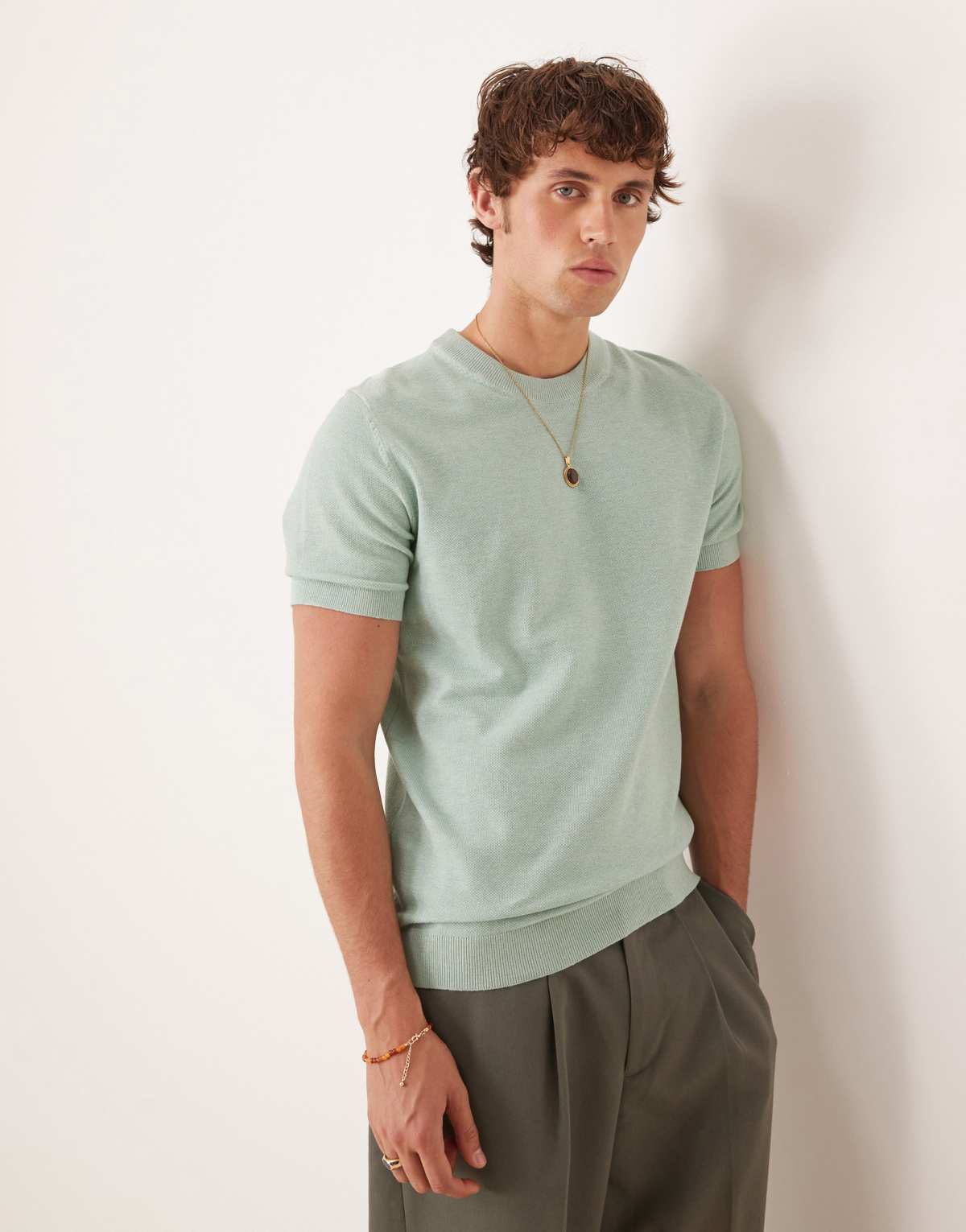 Mango cotton blend fine knit t-shirt in turquoise