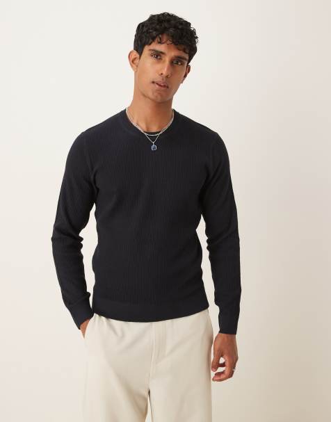 Mango cotton blend ribbed jumper in navy - view 1