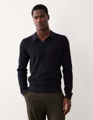Mango Cotton Blend Ribbed Polo Top In Blue